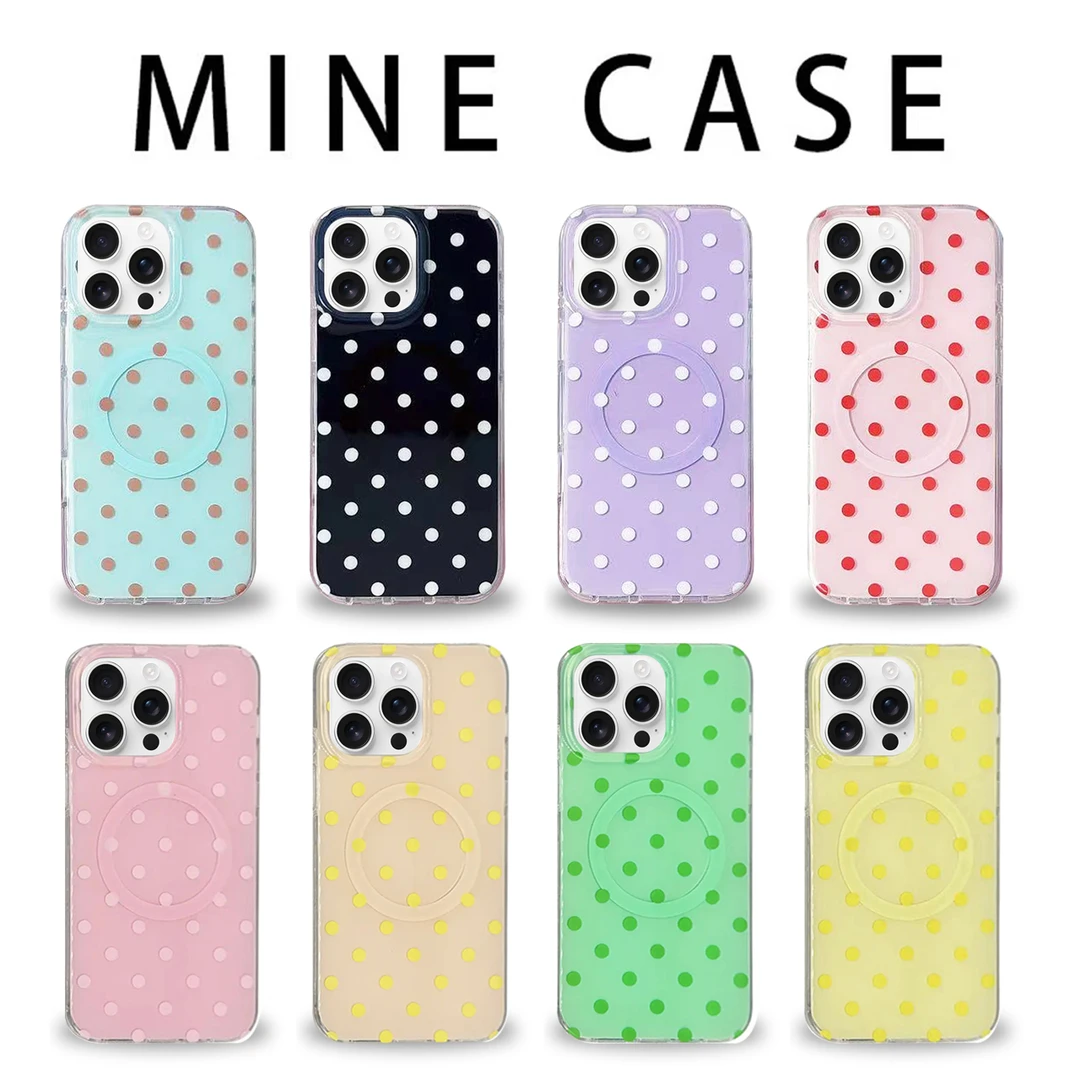 彩色波点多巴胺磁吸壳适用于苹果16-13双层imd侧边相机键全包壳