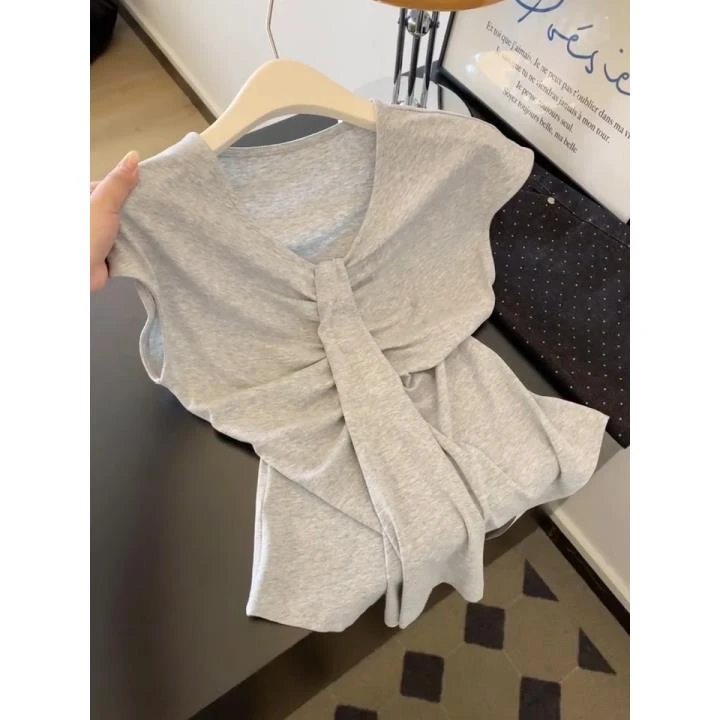 灰色V领飘带正肩短袖t恤女2025年夏季新款韩系甜辣妹修身显瘦上衣