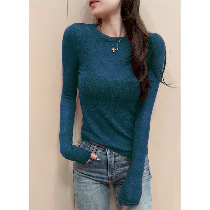 薄款长袖毛针织衫洋气针织圆领休闲风打底衫显瘦套头修身上衣