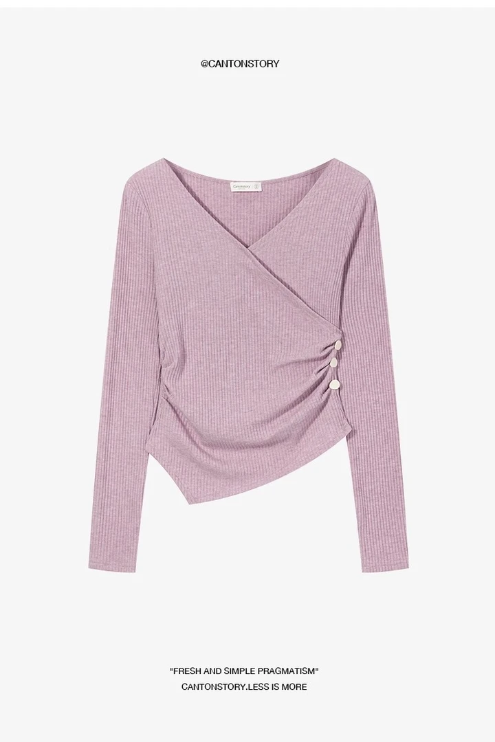 羊城故事-法式交叉v领针织t恤春季新款修身显瘦上衣Y50147894