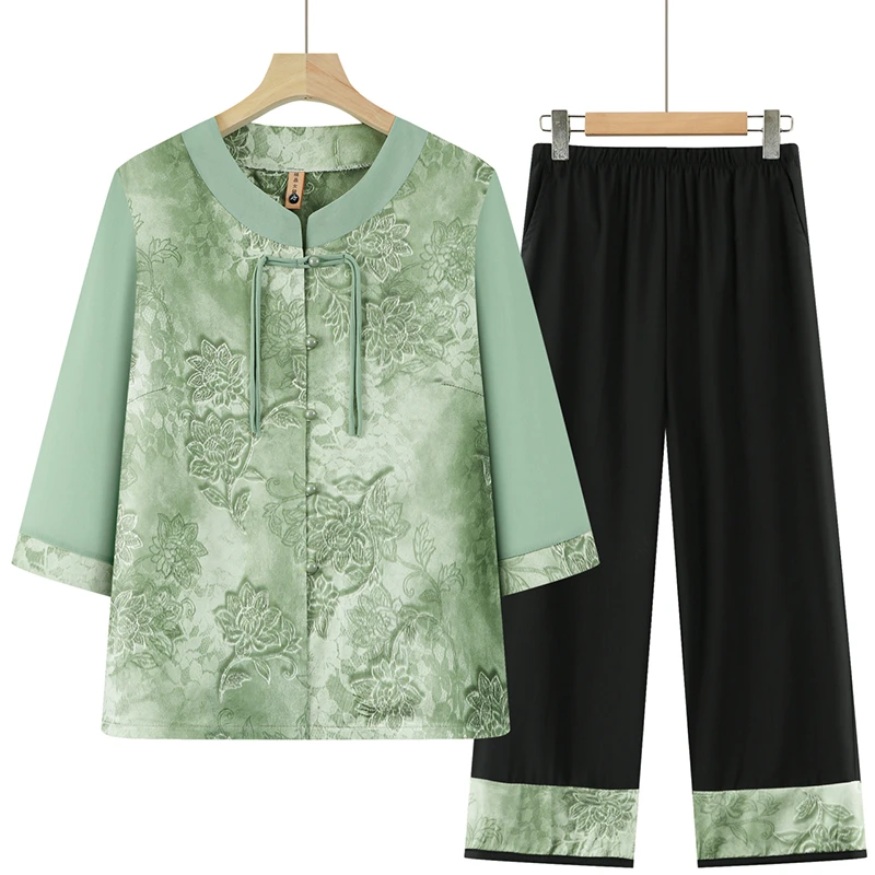 中老年女装夏季休闲套装大码妈妈装新中式开衫上衣薄款宽松奶奶装