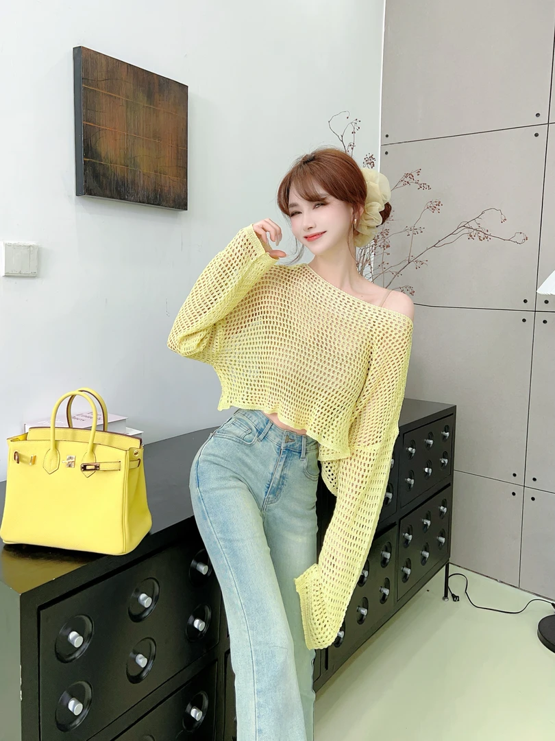 【柠檬芝士】韩版设计感镂空针织衫上衣女薄款罩衫夏季外搭
