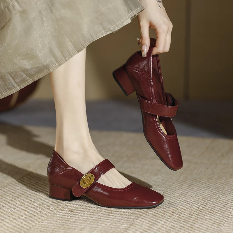 今年爆款安可拉红粗跟单鞋女百搭红色小皮鞋法式方头浅口玛丽珍鞋