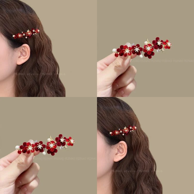 丝绒复古~红色花朵发夹！2025新款气质半扎发鸭嘴夹一字夹马尾夹
