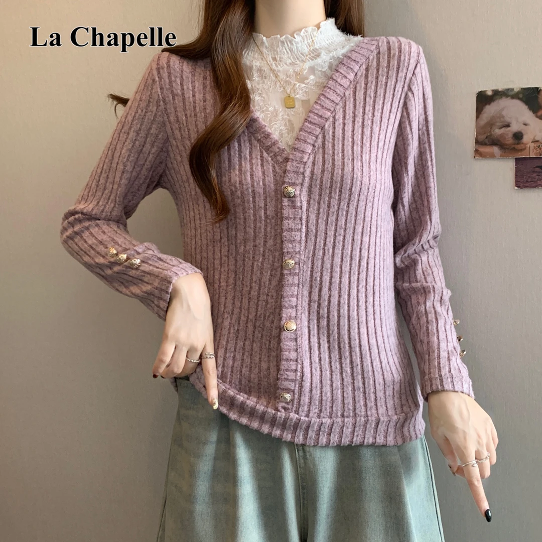 拉夏贝尔蕾丝针织假两件打底衫女装大码显瘦秋冬新款洋气别致小衫