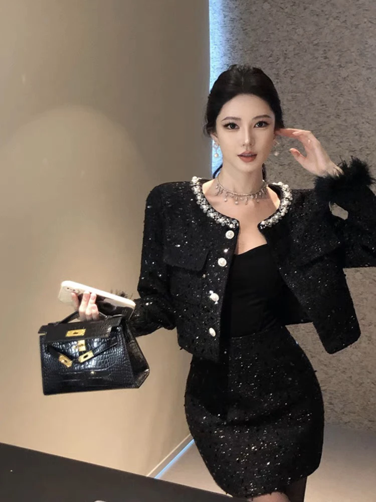 早春 黑色小香风辣妹套装