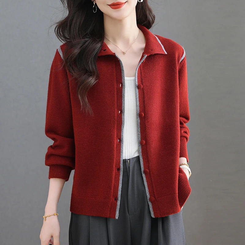 翻领针织开衫毛衣外套女士秋装2025新款中年妈妈红色外搭上衣气质