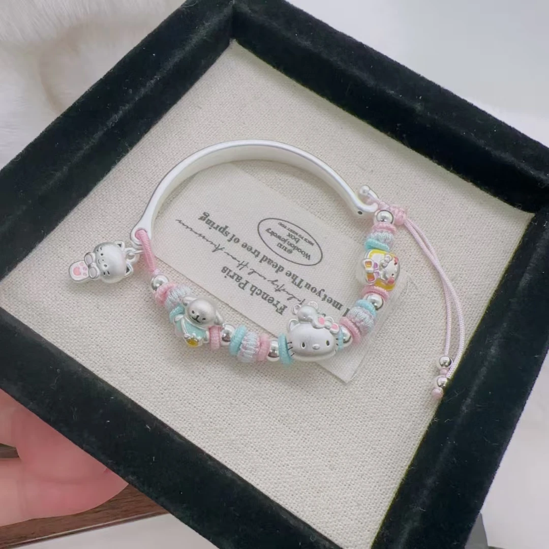 足银手链 足银999三丽鸥可爱卡通kitty猫线条狗半镯手链少女心