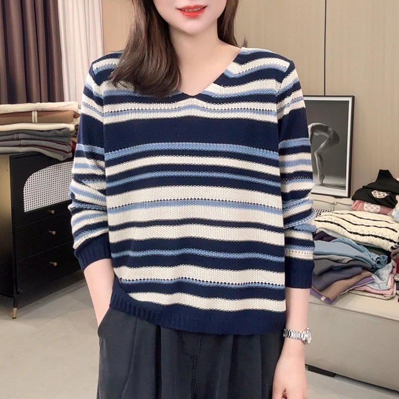 V领春季新款设计感时尚条纹上衣女装圆领打底长袖短袖女宽松百搭