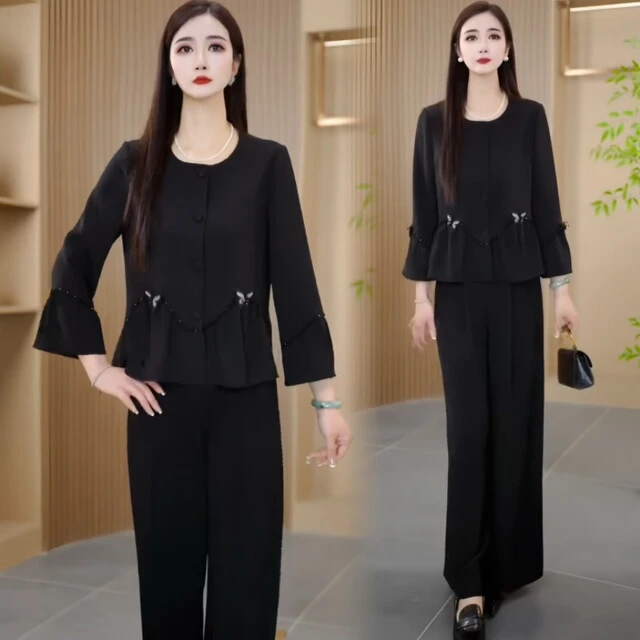 时尚小香风套装女士春秋新款拼接荷叶边收腰上衣阔腿裤气质两件套