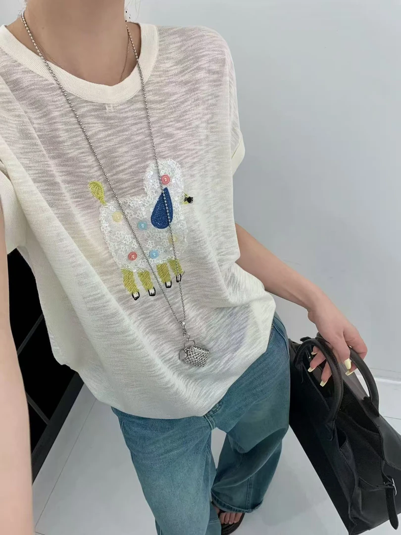 欧洲站2025春季新款时尚圆领短袖T恤女宽松显瘦炸街百搭上衣1861