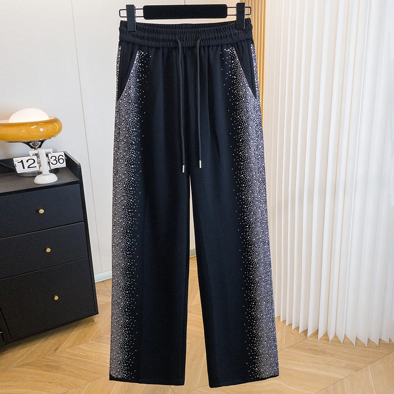 设计感抽绳烫钻气质运动休闲裤夏季薄款高腰宽松显瘦直筒阔腿长裤