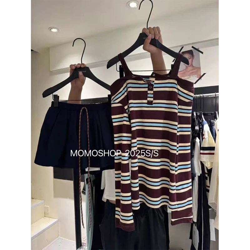 2025早秋新款韩版时尚洋气条纹露肩长袖T恤女显瘦百搭撞色上衣