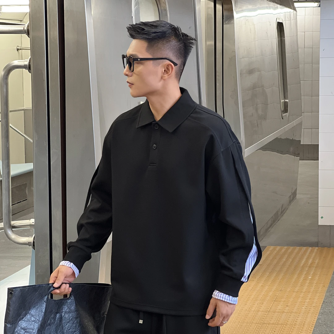 二十二号穿搭【高定设计款】高级感条纹解构拼接翻领长袖T恤男卫衣