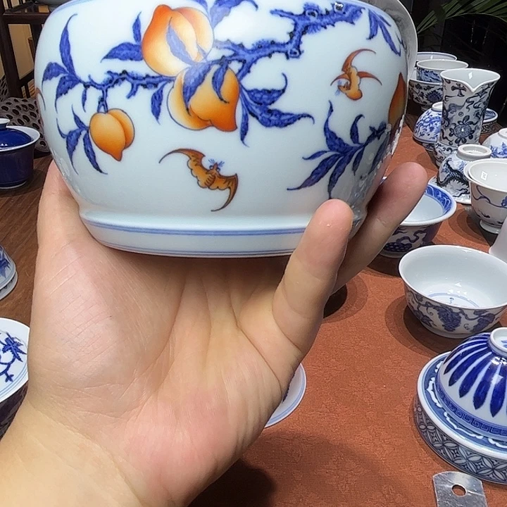 青花斗钒红九桃五福水洗