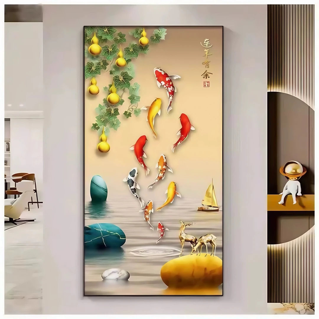 荷花九鱼图LED带灯装饰画简约大气适用于客厅走廊过道玄关