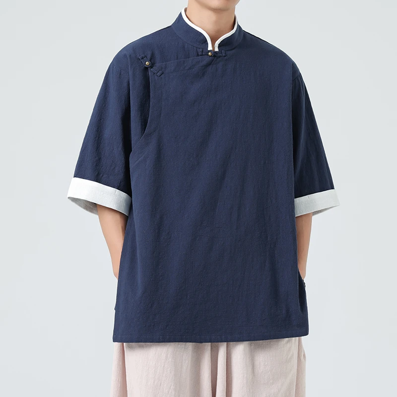 日系新中式大码棉麻衬衫汉服2025春夏新款百搭中山装透气中袖上衣
