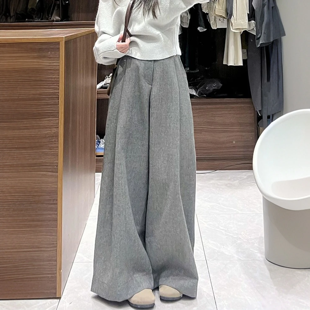 美式灰色休闲裤女2025春季宽松慵懒风拖地休闲西装裤高腰阔腿长裤