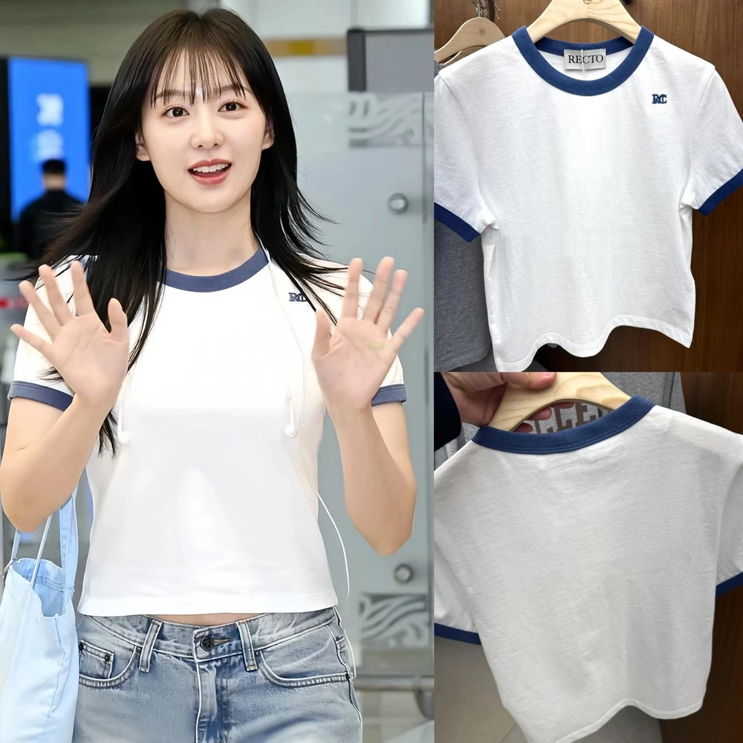 杨11【金智媛同款】韩版金智媛同款拼色短袖正肩T恤通勤百搭