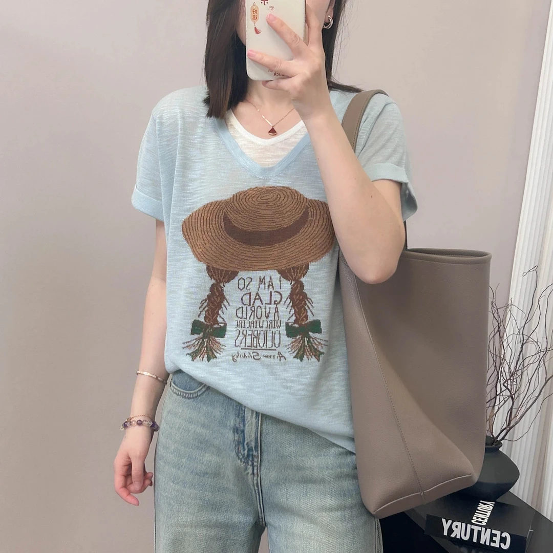 韩版夏季新款简约气质减龄别致撞色假两件短袖t恤女印花字母上衣