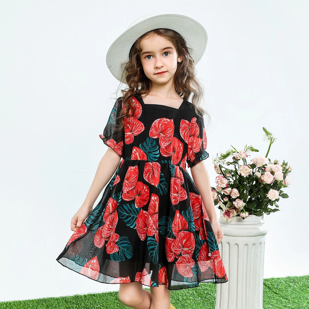 梦特娇女童夏季公主连衣裙方领红掌花洋气时尚沙滩裙直播福利A12