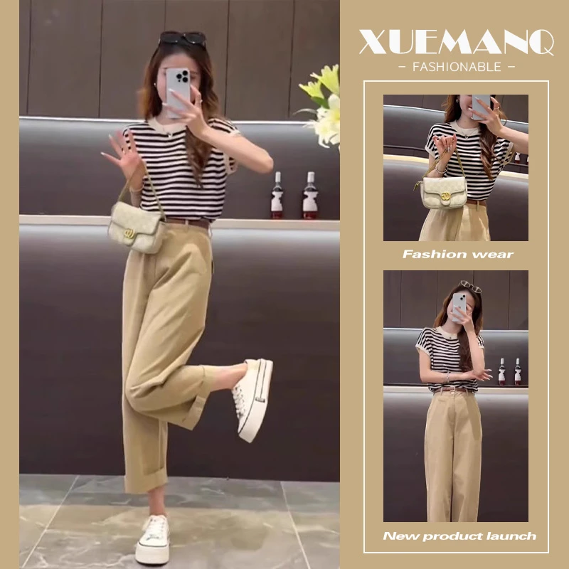 夏装搭配一整套韩系小个子显瘦条纹上衣休闲显高阔腿裤两件套女装