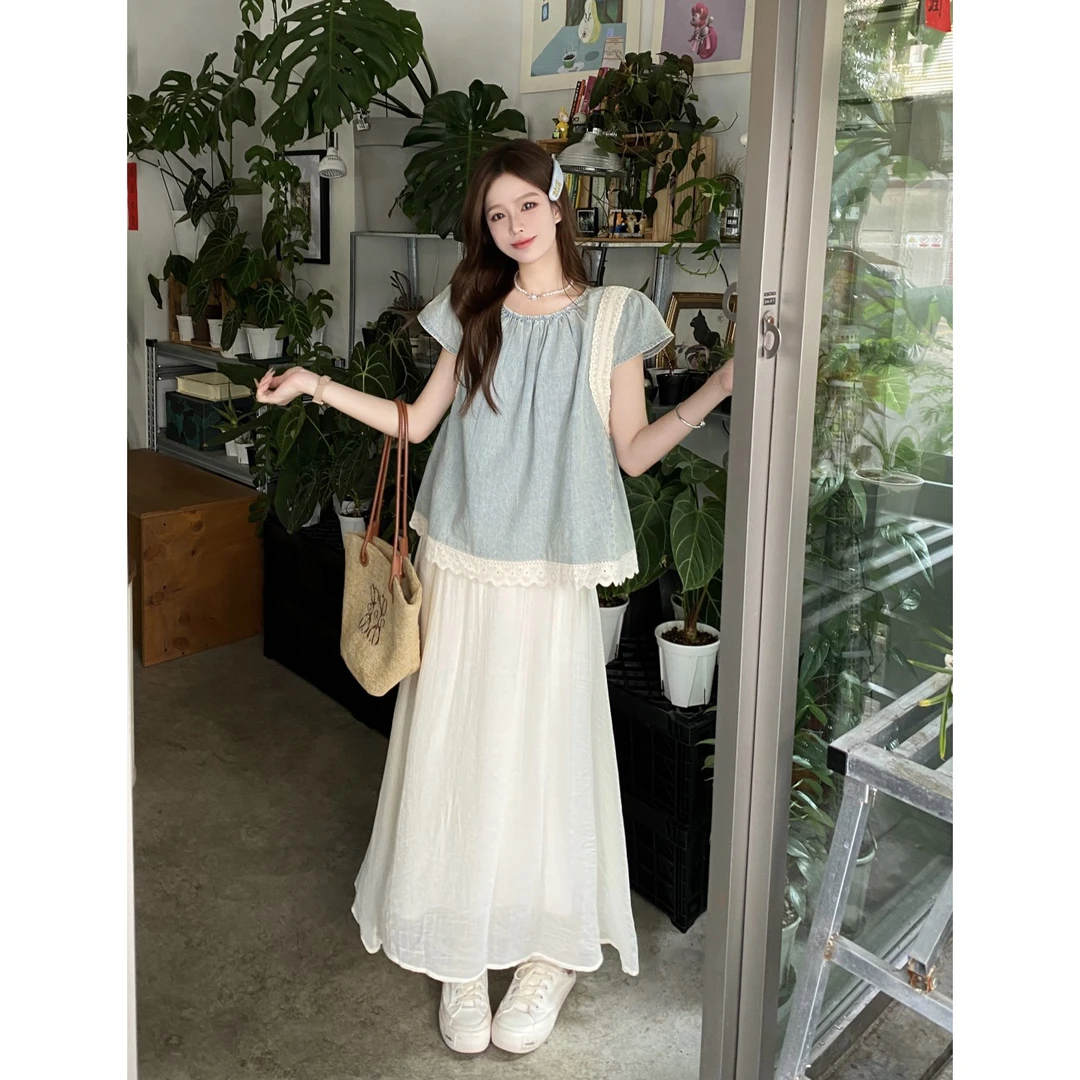 夏季女款极简风复古小众花边拼接牛仔衬衫女夏+休闲宽松百搭裤裙