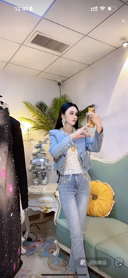 【漫老板】1722私服 定制轻奢超重工钉珠方扣牛仔外套