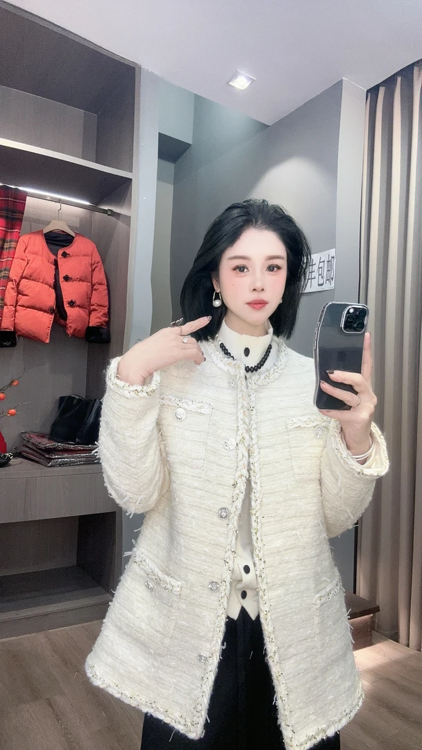 【YUANJIE】欧货小众设计感编织镶边单排扣轻奢中长款羽绒外套