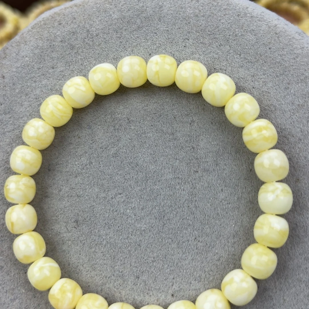 蜜蜡未镶嵌手串纯天然俄料瓷白花金纹虎皮8*7.5腕口17+