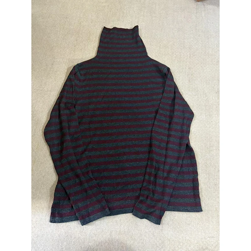 稻子家 网红时尚堆堆领条纹休闲宽松上衣针织衫9076