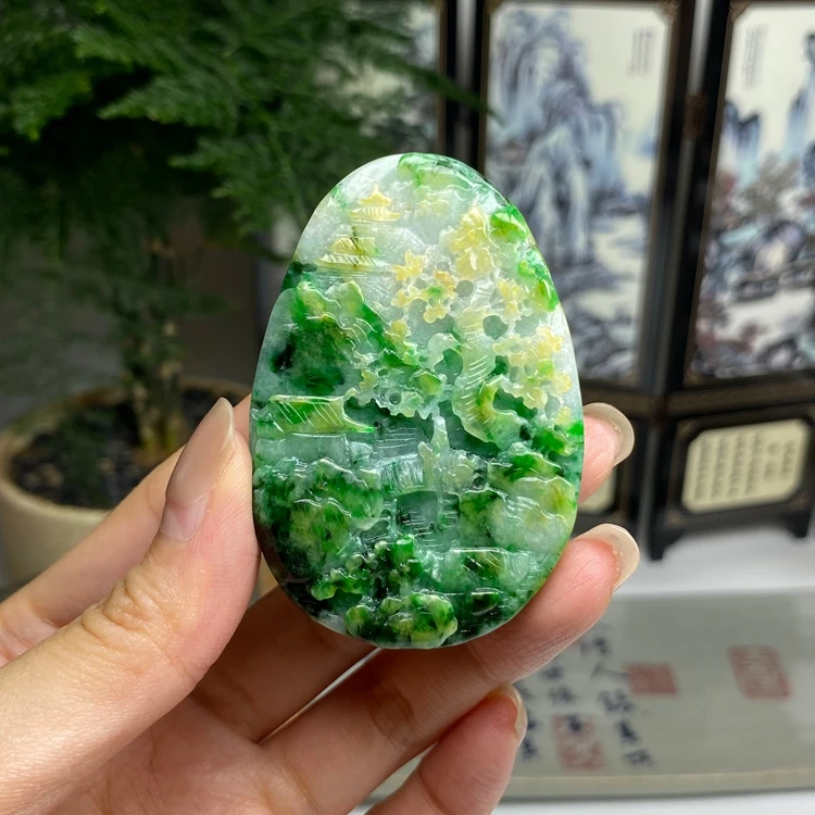 老种黄加绿山水松下会友挂件 天然翡翠A货