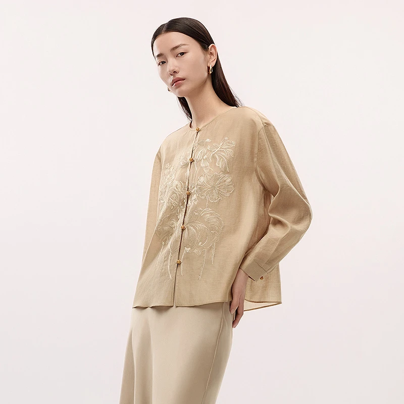 LANCY/朗姿2025夏新款优雅刺绣中式圆领衬衫女高级感气质衬衣上衣