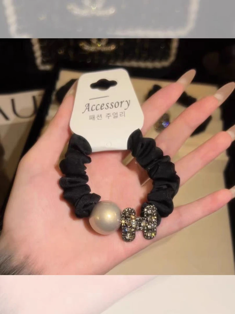 韩系网红闪钻珍珠发圈高级感字母蝴蝶结头绳小众设计感扎发头饰女