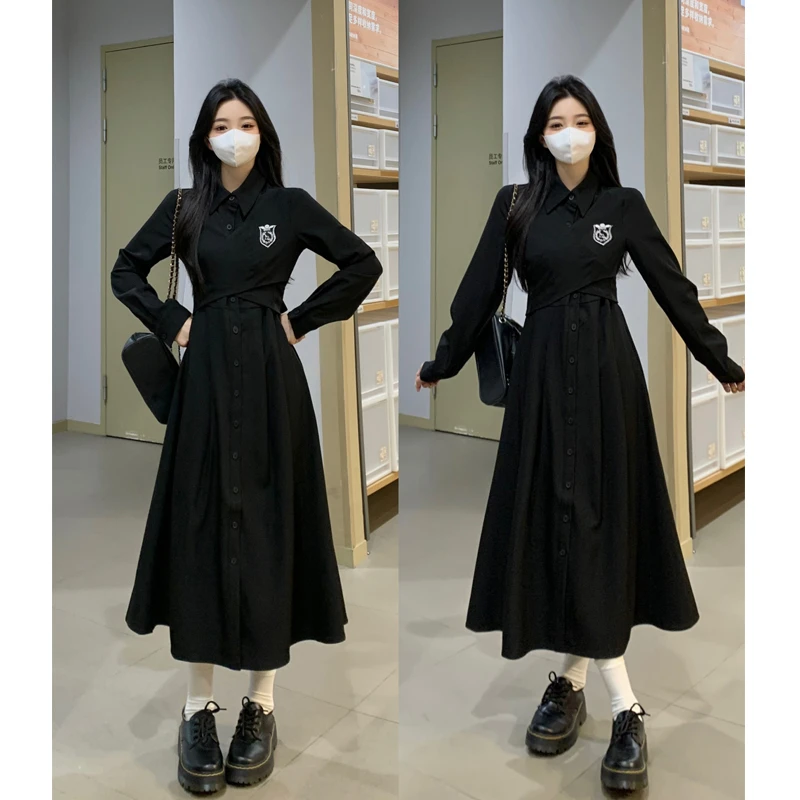 大码黑色衬衫胖MM连衣裙女春季2025新款学院风刺绣收腰显瘦裙子