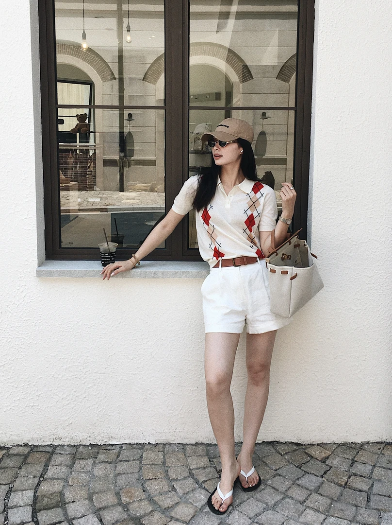 Yihouse【静奢代表】羊毛短袖女款老钱风菱格短袖针织女款Y8378