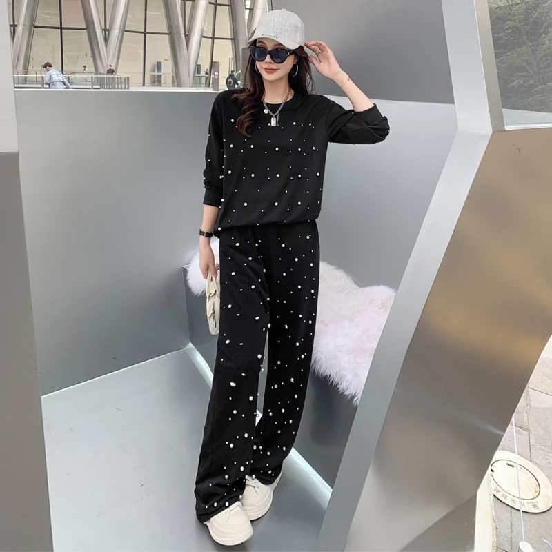 法式重工钉珠长袖卫衣休闲套装女春秋季新款宽松显瘦时尚阔腿长裤