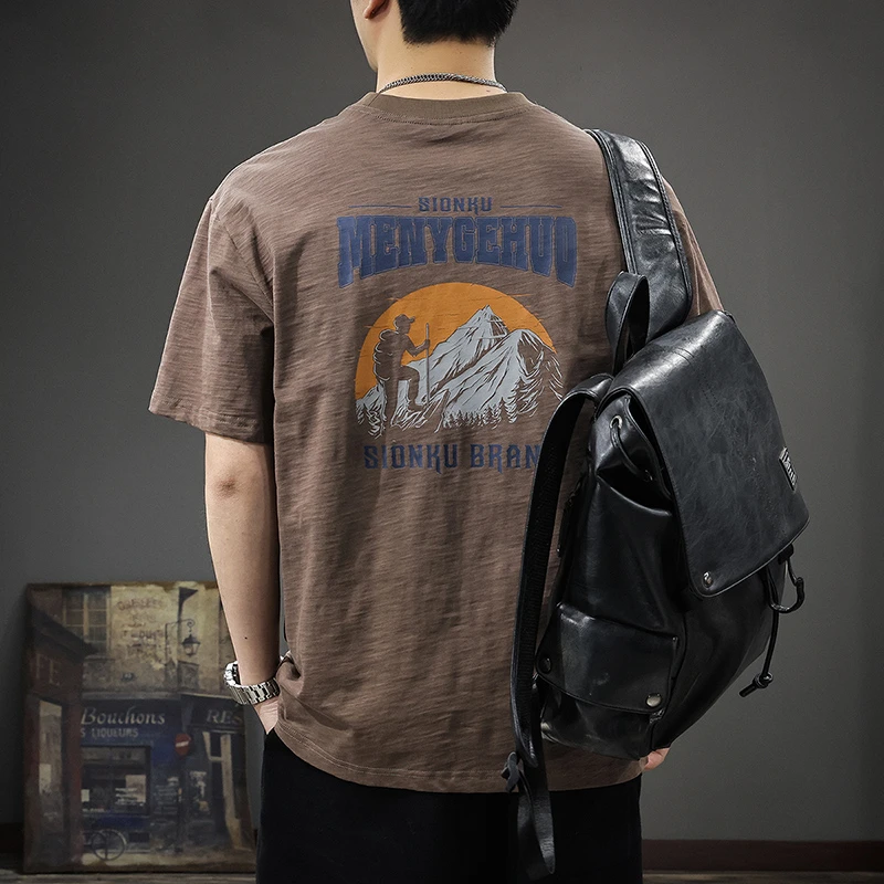 aoyu/遨宇美式复古山系户外短袖t恤男2025夏季重磅潮牌短袖男t恤