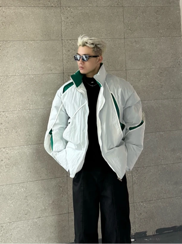 立领破洞撞色拼接小众设计男士宽松棉衣外套短款潮流W2600