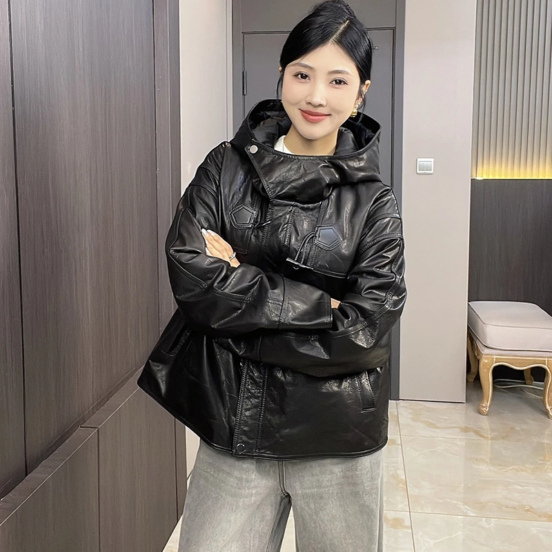 ADSL-6599海宁2025年冬季新款真皮皮衣女连帽头层牛皮油蜡皮CJJ