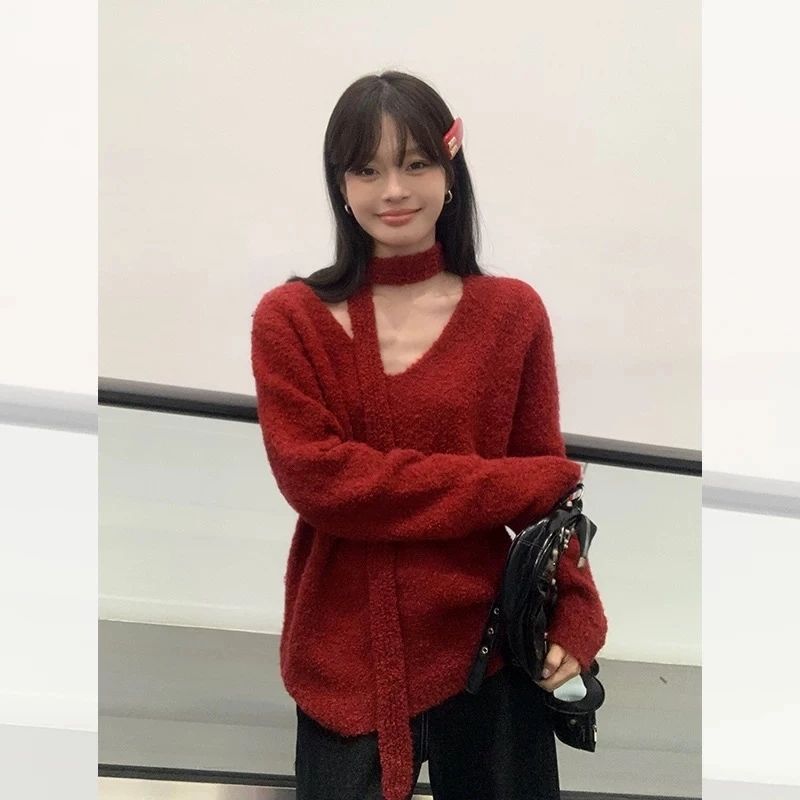 【宋正恩】红色宽松v领毛衣女春季新款高级慵懒风长袖上衣ZE6582