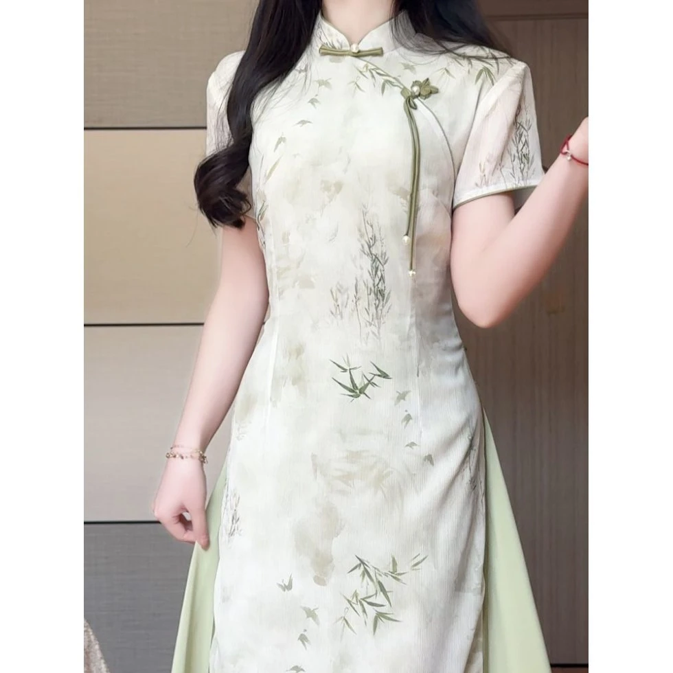 抹茶2025年春夏季新款绿色素雅奥黛改良旗袍淑女范年轻新中式裙子