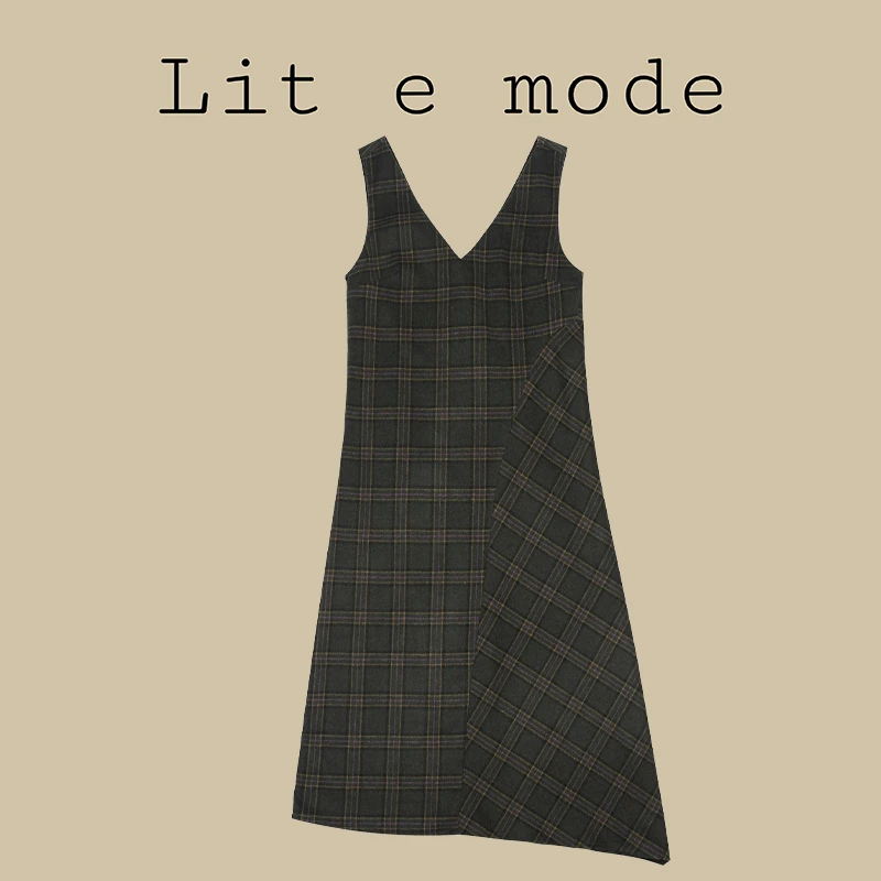 【3折断码 闭店福利】复古绿色长款打底连衣裙女秋冬格子内搭a字裙