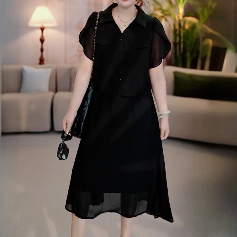法式气质优雅短袖连衣裙2025夏季新款高级感假两件显瘦收腰中长裙