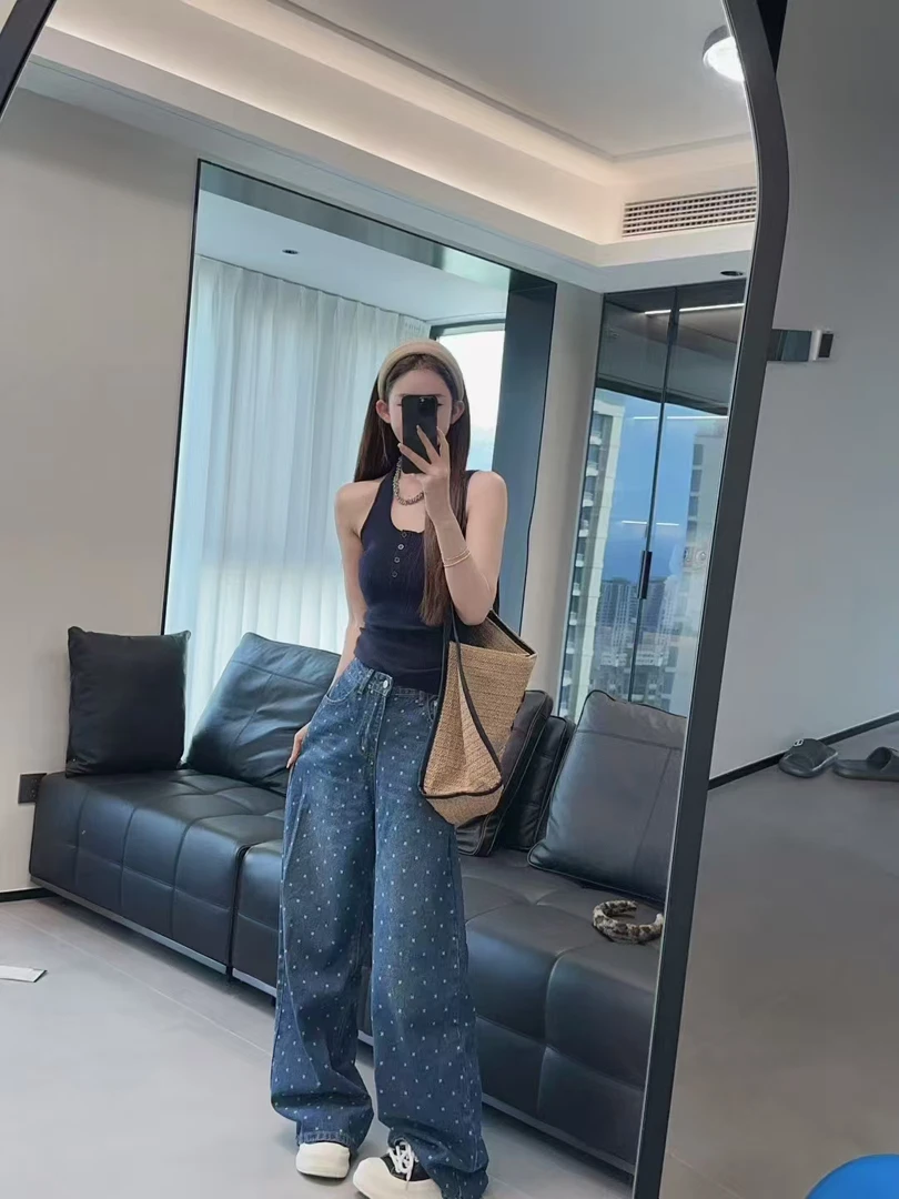 蓝色时尚早秋长裤阔腿裤牛仔裤休闲印花