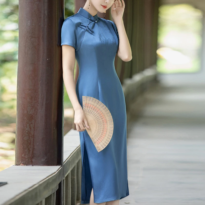 新中式绝美旗袍高端2025新款民国风老上海日常可穿晚礼服蓝色裙子