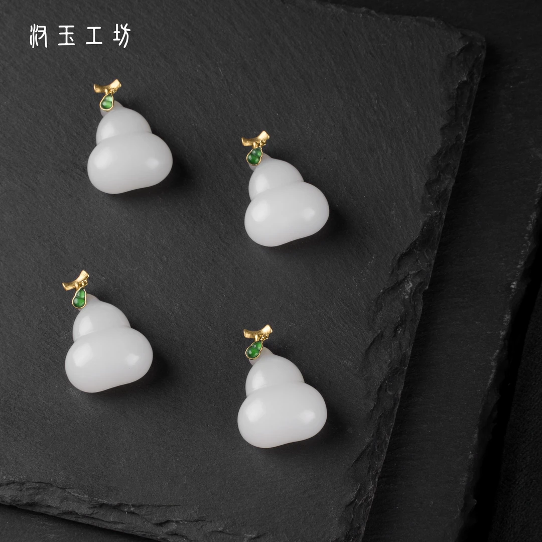 汉玉工坊 |白玉 竹节造型镶嵌白玉葫芦吊坠 多样性发一