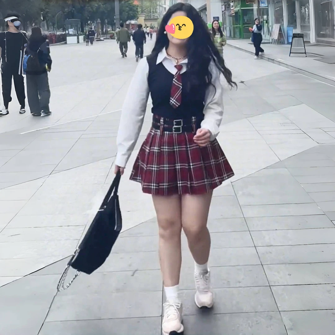 大码胖mm学院风套装秋款拼色衬衫复古辣妹格子短裙jk制服两件套女