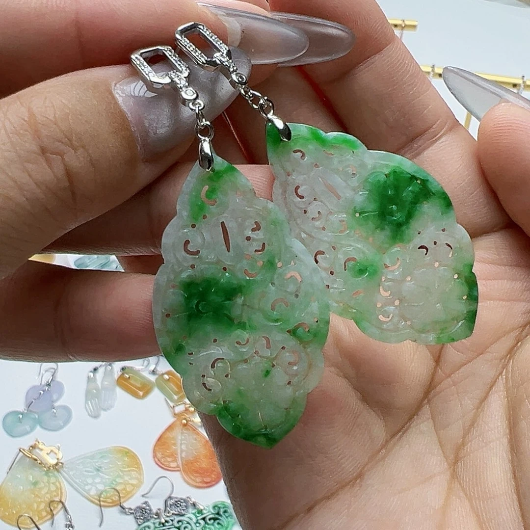 翡翠银S925镶嵌耳饰自*天然缅甸A货翡翠