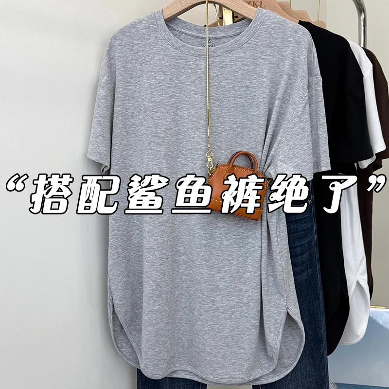 兰精莫代尔弹力大版t恤搭配鲨鱼裤短袖女夏季圆弧下摆净色上衣ins